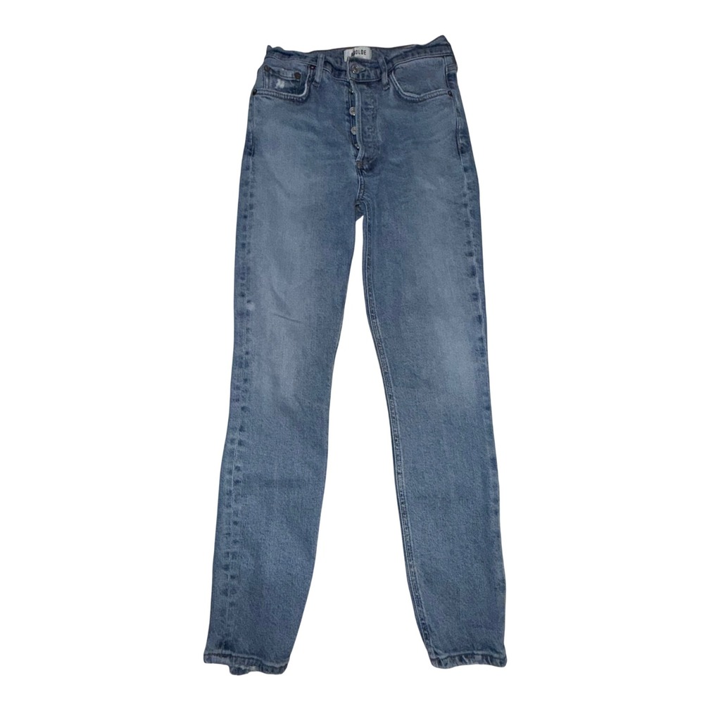 AGOLDE Nico High Rise Slim Fit Jean 25 Blue Button Fly Distressed Hem Minimalist